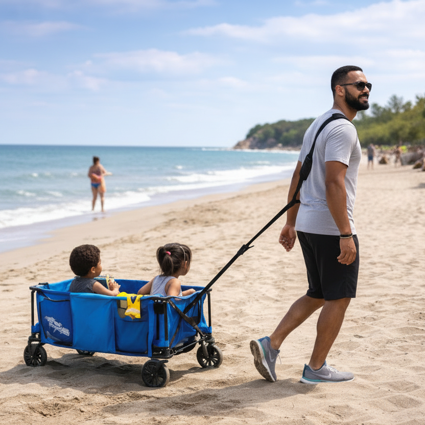 Man pushing a blue wagon with two children on a sandy beach.