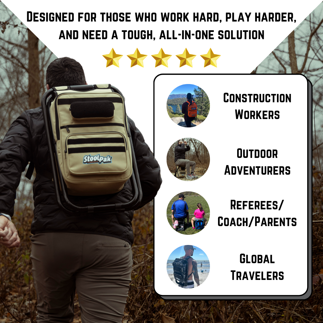 Person Carrying StoolPak and its uses display beside