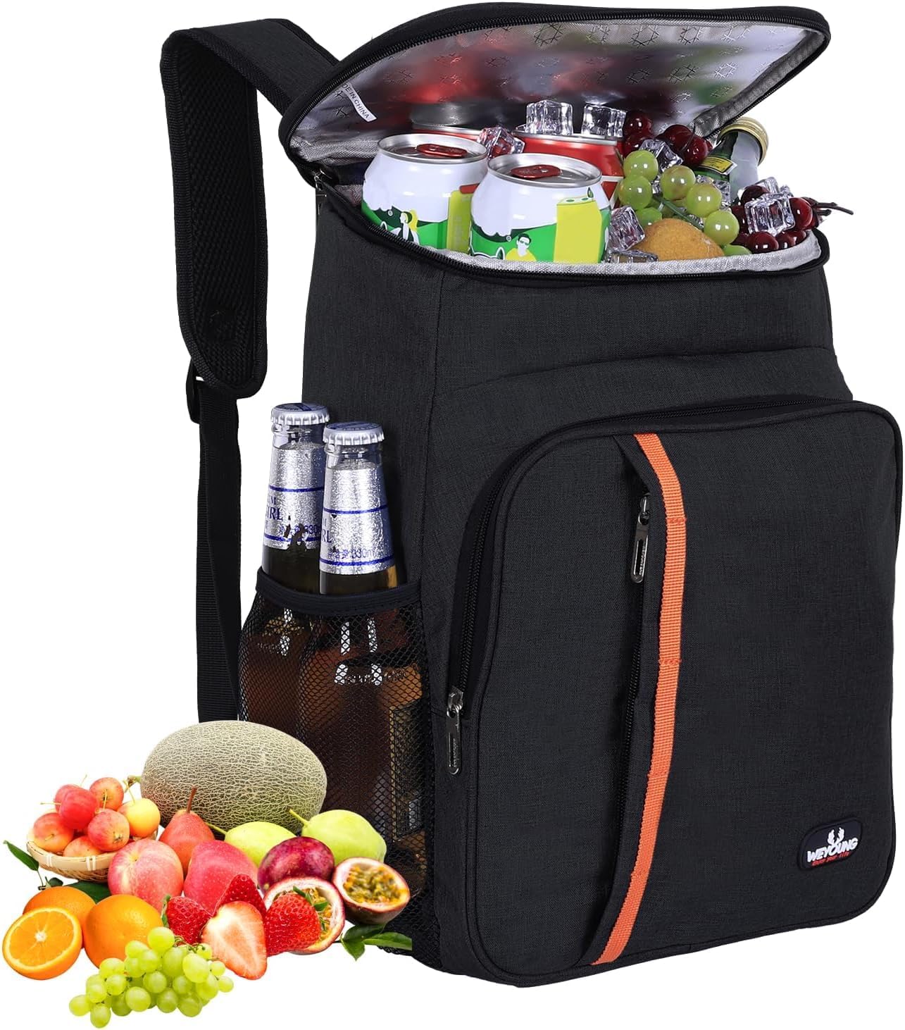 A black and orange cooler backpack with a silver lining, shown open and filled with food and beverages.