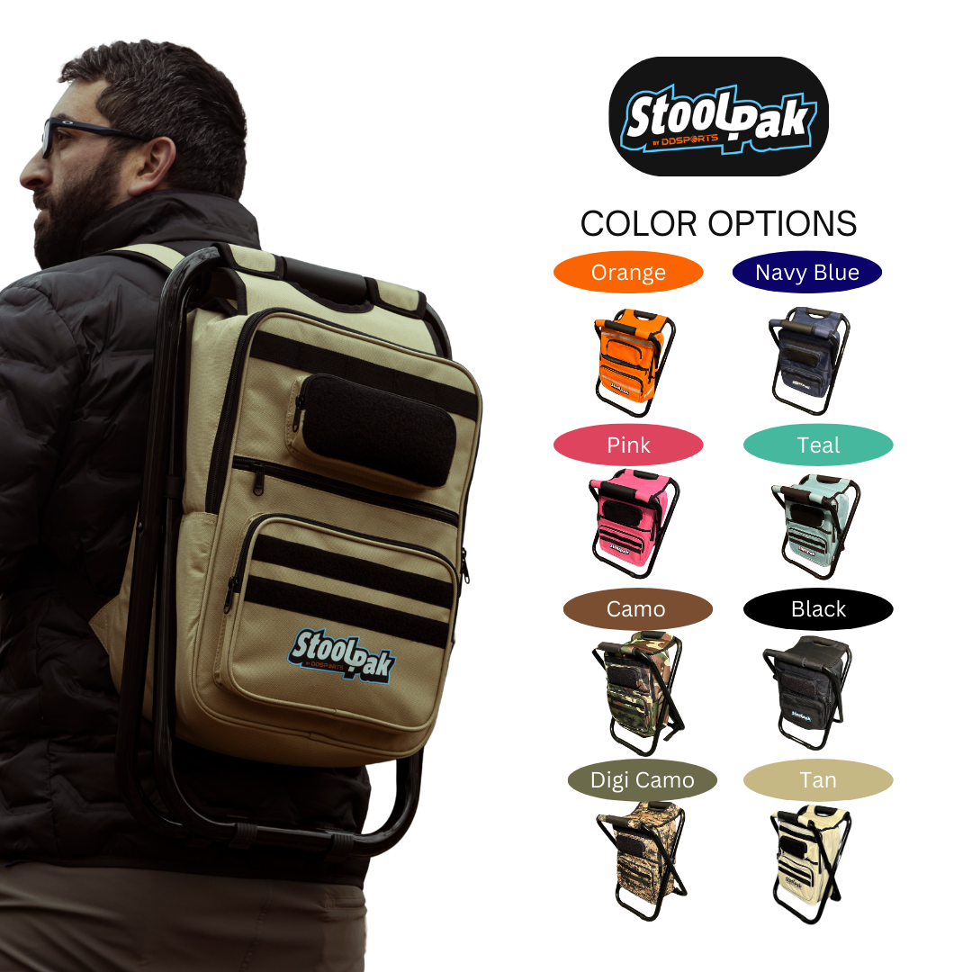A person carrying a beige StoolPak cooler backpack, with color option swatches displayed alongside.