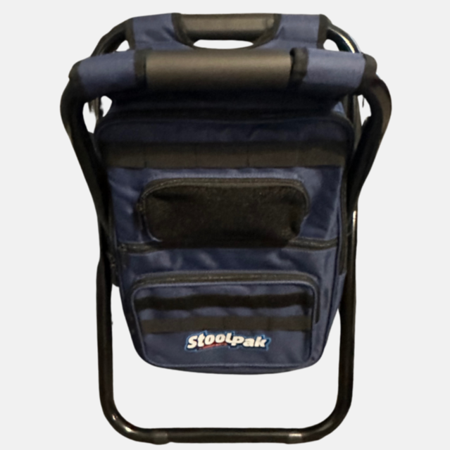 StoolPak cooler backpack, with color option swatches displayed alongside.