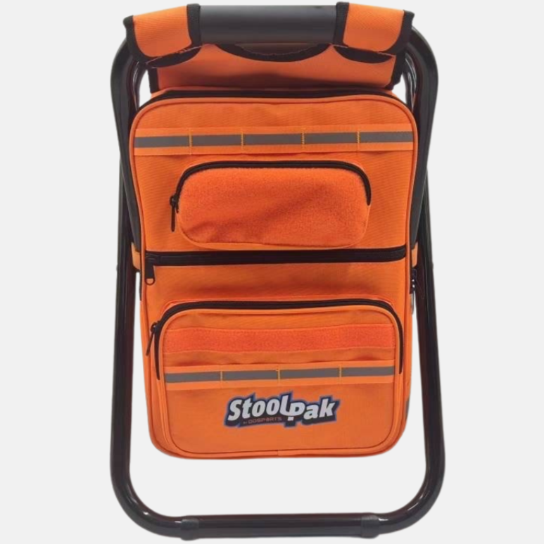 StoolPak cooler backpack, with color option swatches displayed alongside.
