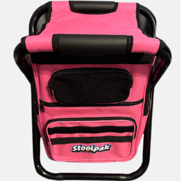 StoolPak cooler backpack, with color option swatches displayed alongside.
