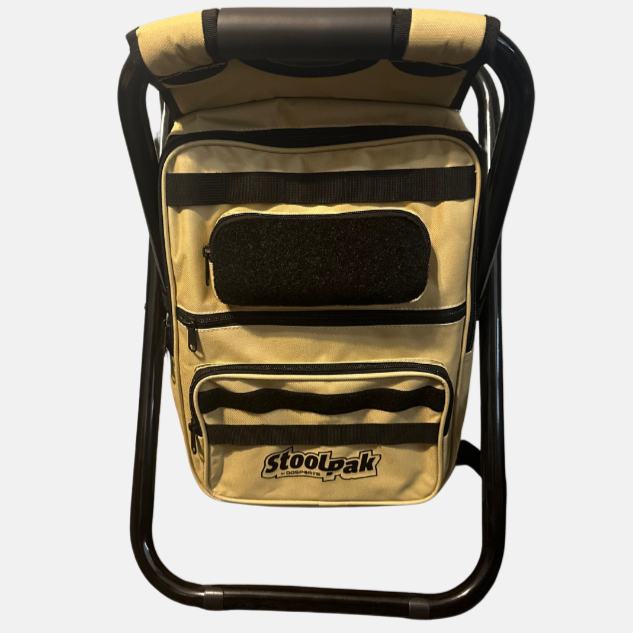 StoolPak cooler backpack, with color option swatches displayed alongside.