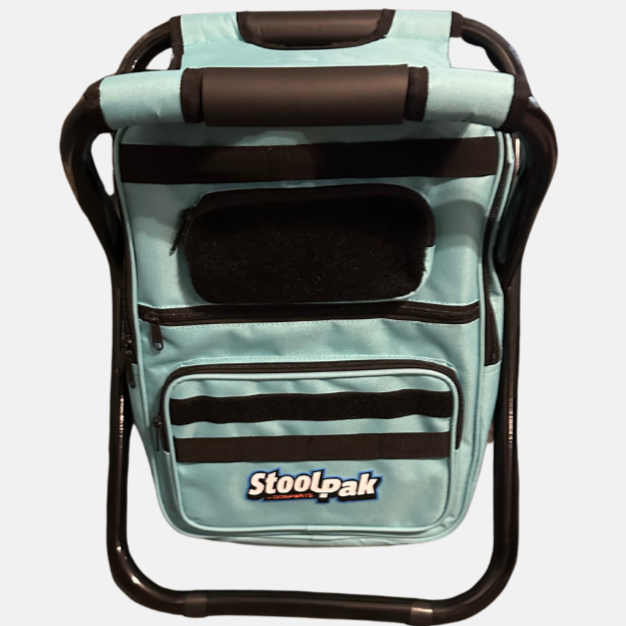 StoolPak cooler backpack, with color option swatches displayed alongside.