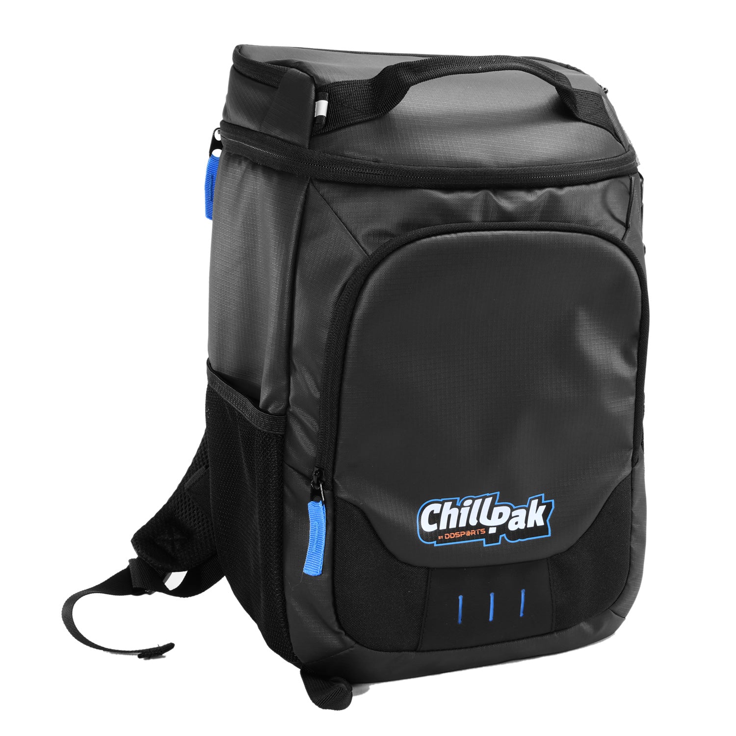 A black ChillPak backpack cooler with blue accents, featuring a logo on the front pocket and carrying straps.