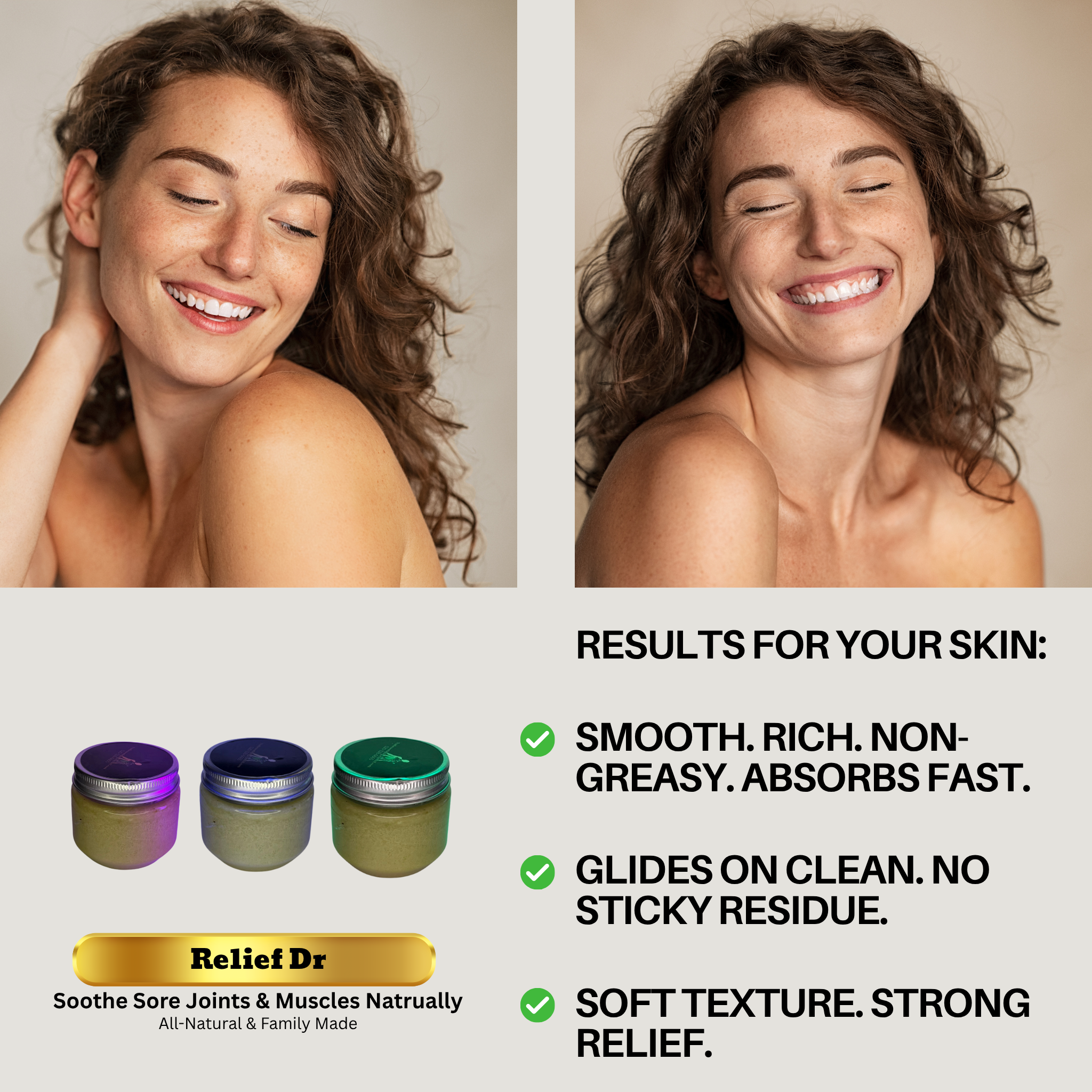 Woman with a happy expression, showing results for skin care products with text and product images.