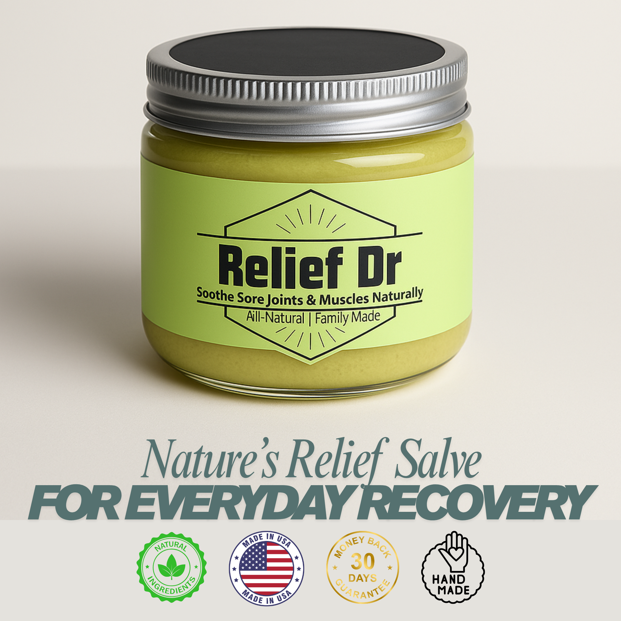 Jar of Relief Dr. nature's relief salve with a green label on a beige background