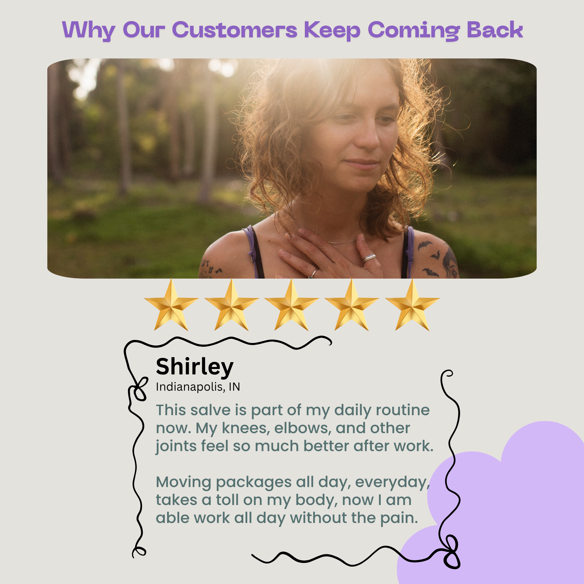 Woman with blonde hair in a forest setting, surrounded by five gold stars and a customer review.
