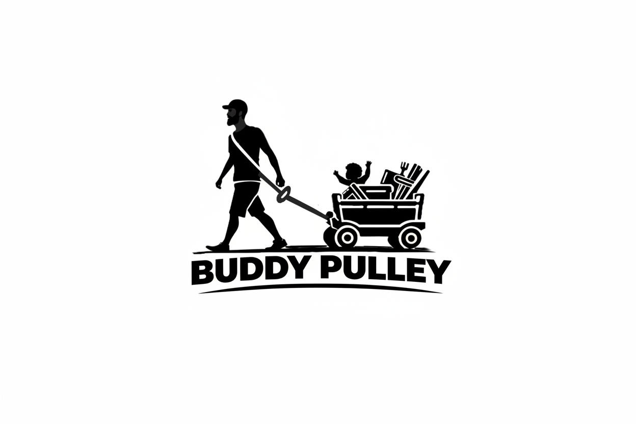 Logo of Buddy Pulley with a silhouette of a man pulling a cart with a child inside.