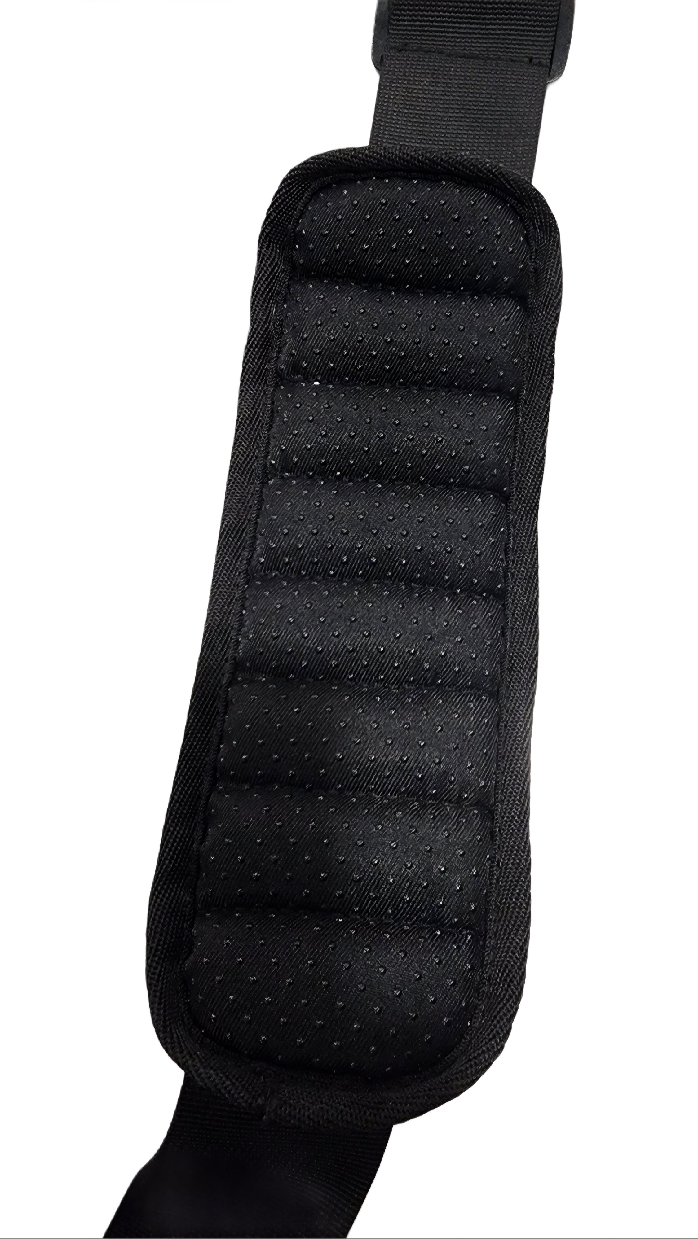 Black protective pad with a strap on a white background