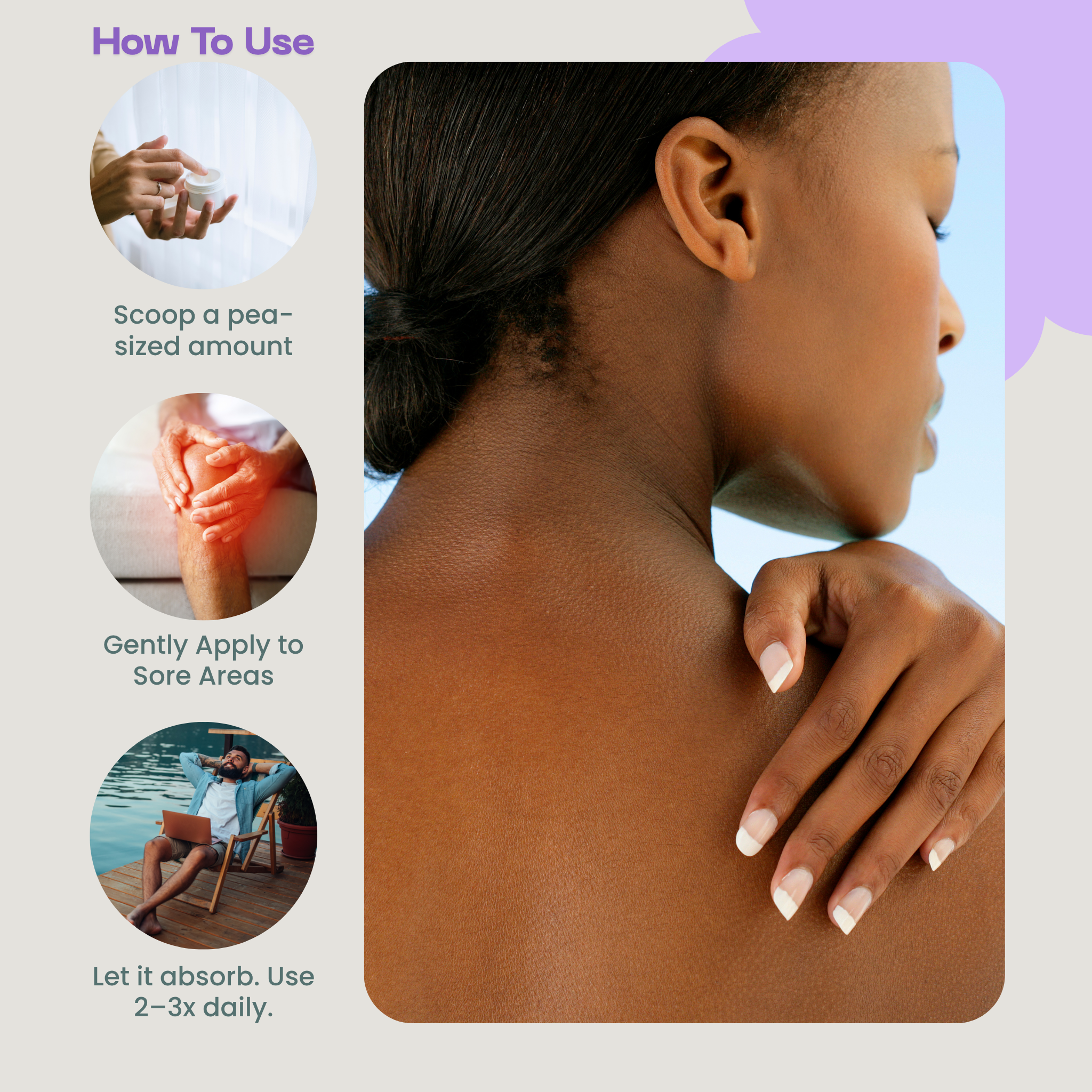 Instructions on how to use a product, shown with a person applying it to their shoulder.