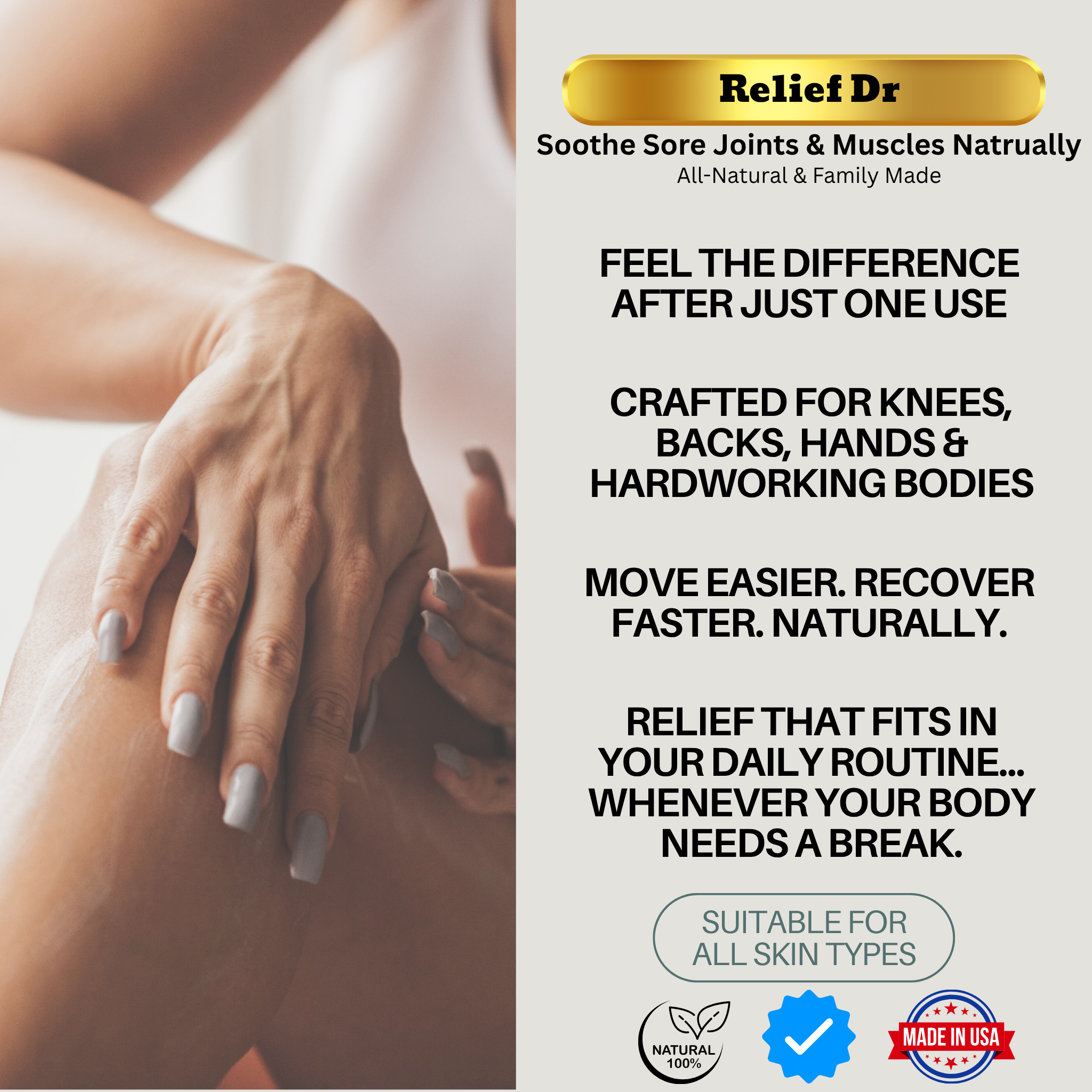 Advertisement for Relief Dr product showing a hand on a knee with text about joint and muscle relief.