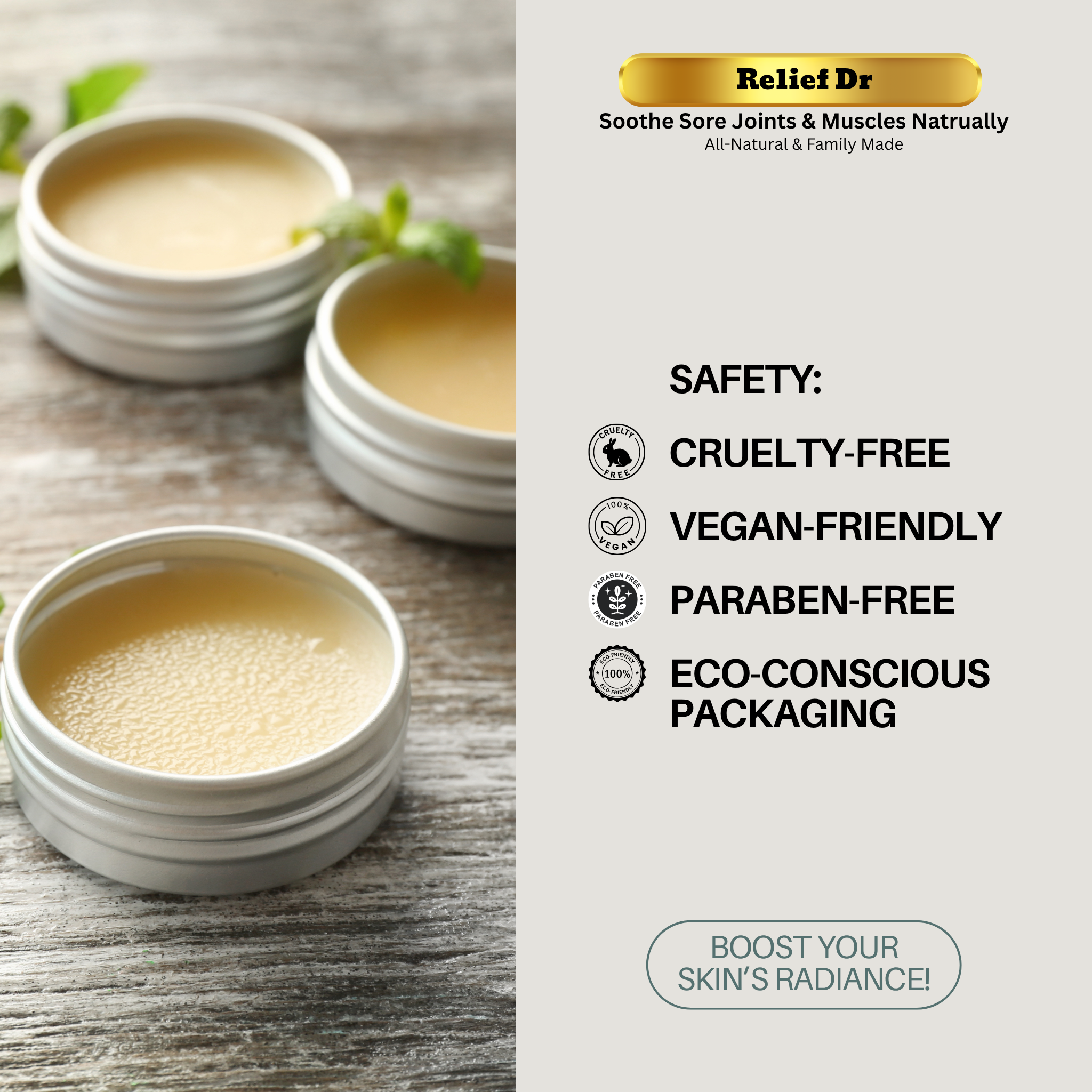 Three white bowls with a liquid product on a wooden surface, accompanied by 'Relief Dr.' branding and product features.